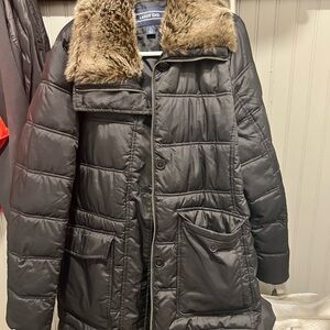 Lands' End Women's Black Puffer Coat with Faux Fur Collar